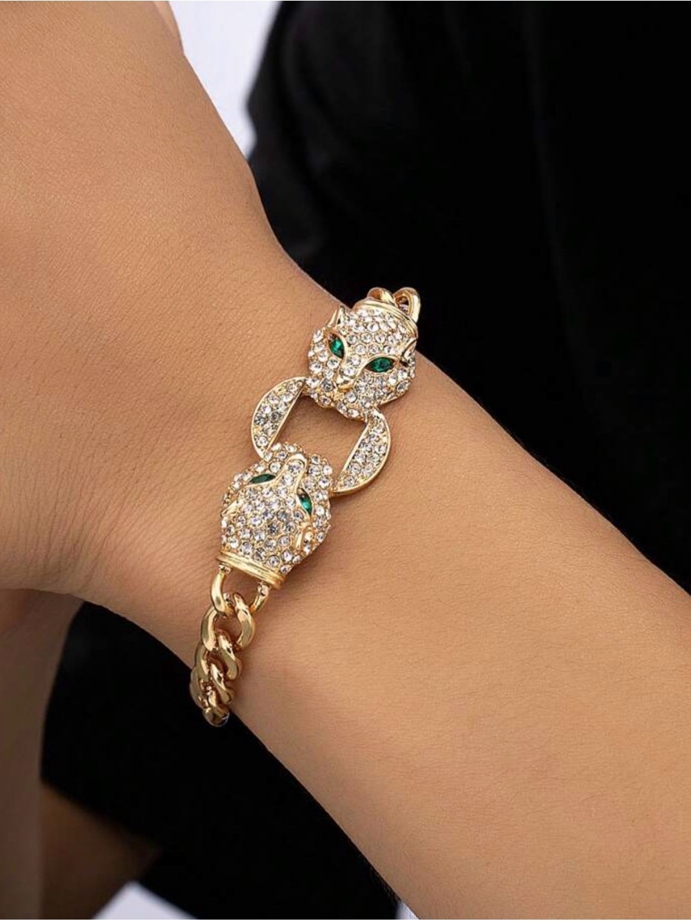 Gold Panther Head Crystal Link Bracelet - Women Jewelry